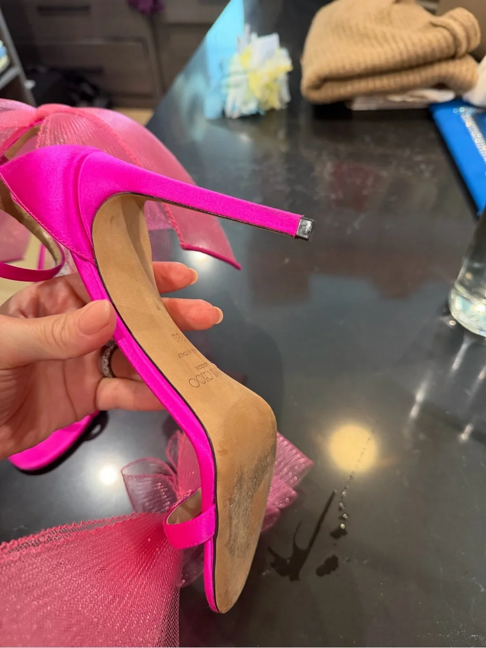 Jimmy Choo Hot Pink Tulle Bow Ankle-Strap Heels